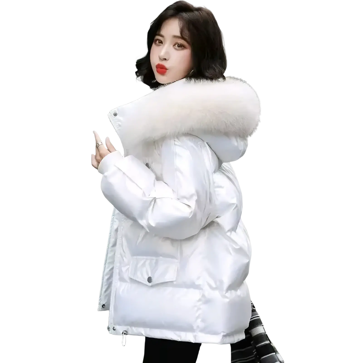 White glossy short duck down puffer jacket with a plush fluffy white fur-lined hood for cold weather