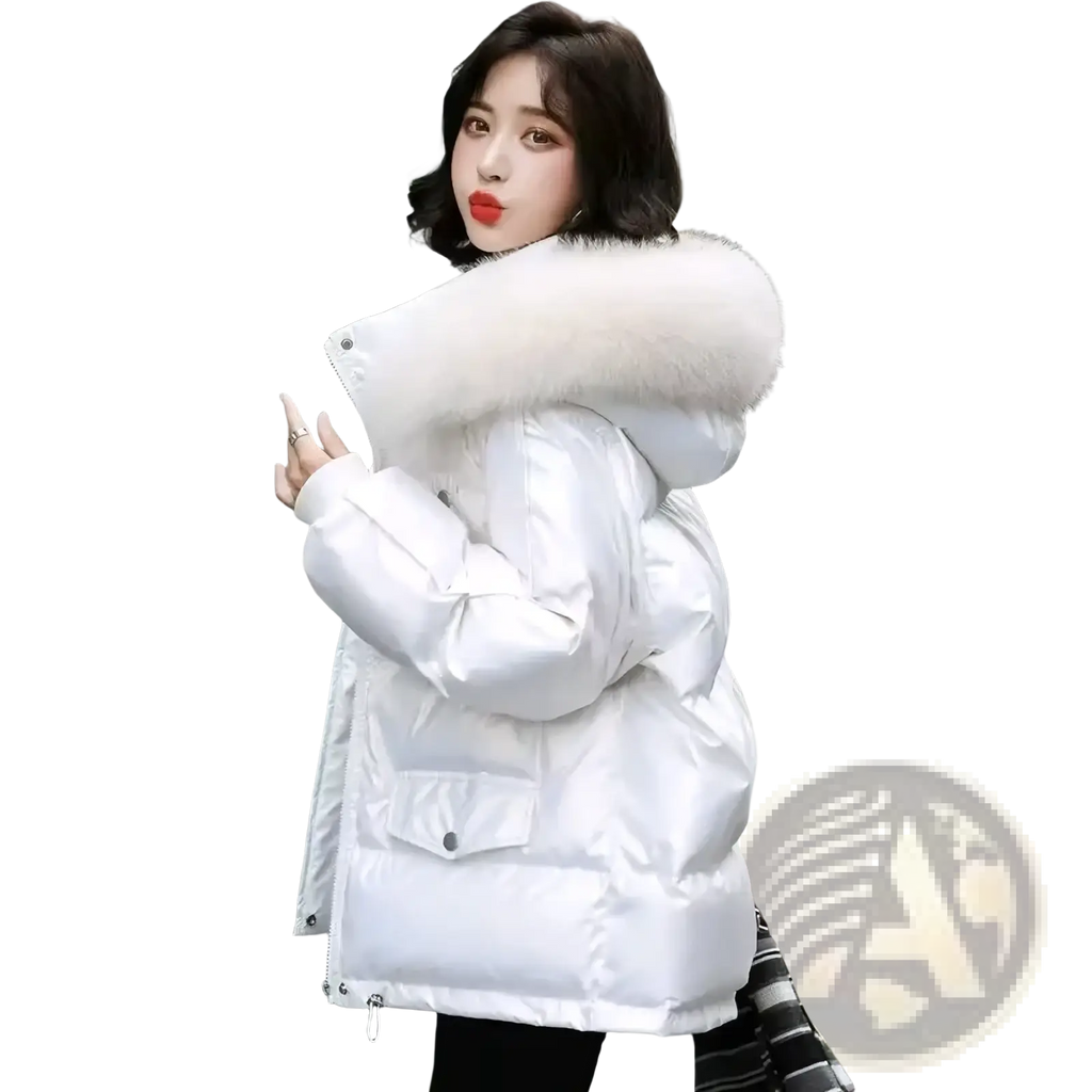 White glossy short duck down puffer jacket with a plush fluffy white fur-lined hood for cold weather