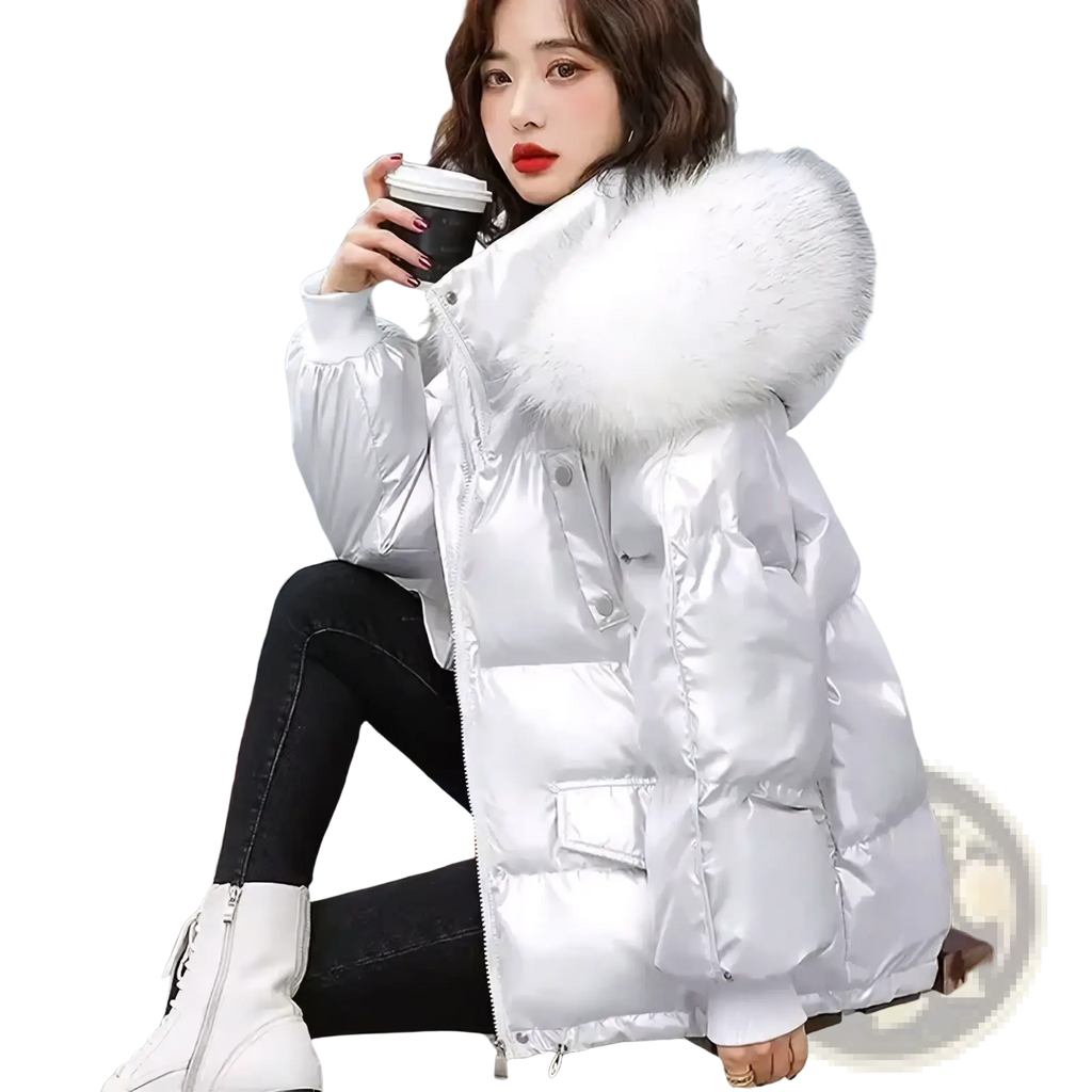Shiny silver short duck down puffer jacket with a large white fur-lined hood and glossy fur collar