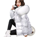 Shiny silver short duck down puffer jacket with a large white fur-lined hood and glossy fur collar