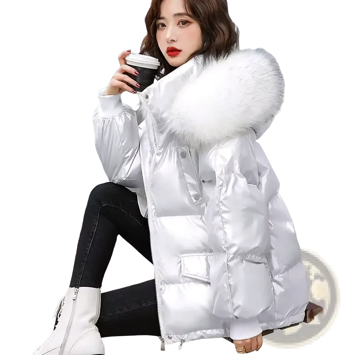 Shiny silver short duck down puffer jacket with a large white fur-lined hood and glossy fur collar