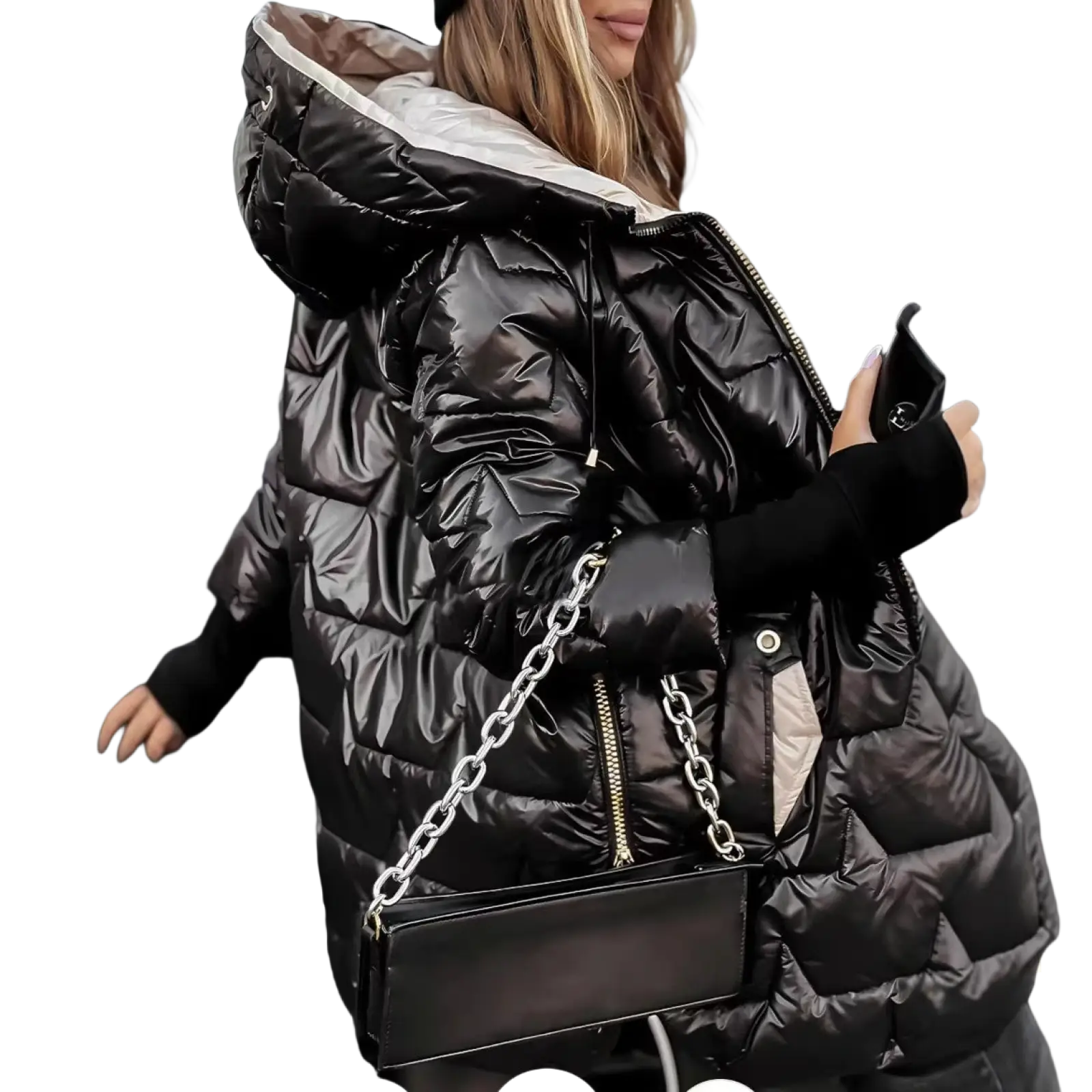 Glossy hooded down puffer jacket in black quilted shiny finish with contrasting light gray inner lining