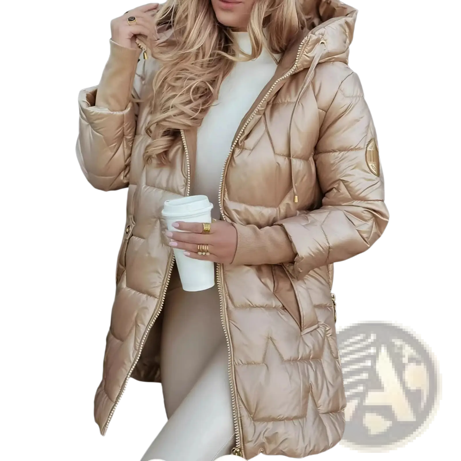 Glossy hooded down puffer jacket in shiny metallic gold with quilted design and matching zipper pulls