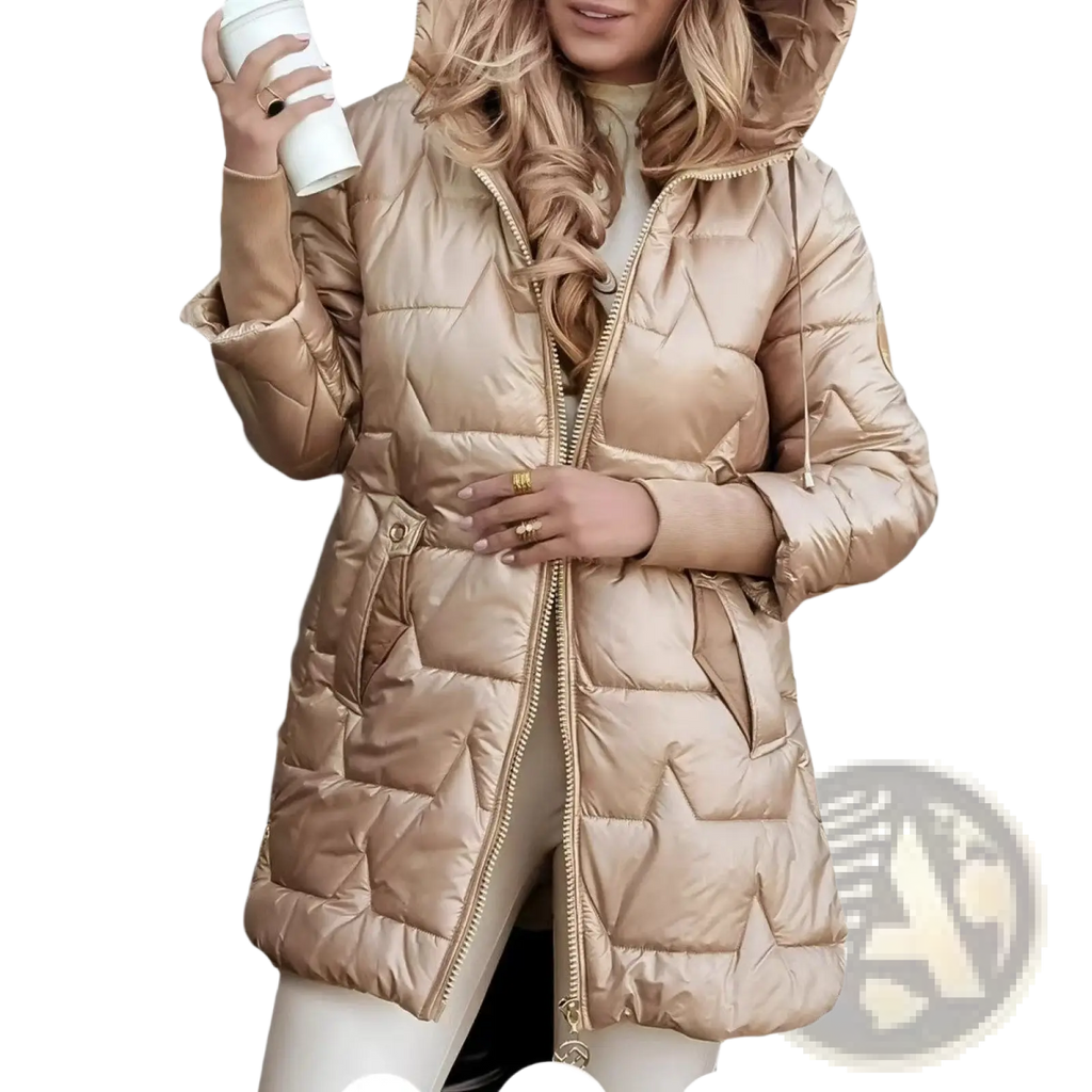 A shiny metallic gold quilted hooded down puffer jacket with a front zipper made of glossy material