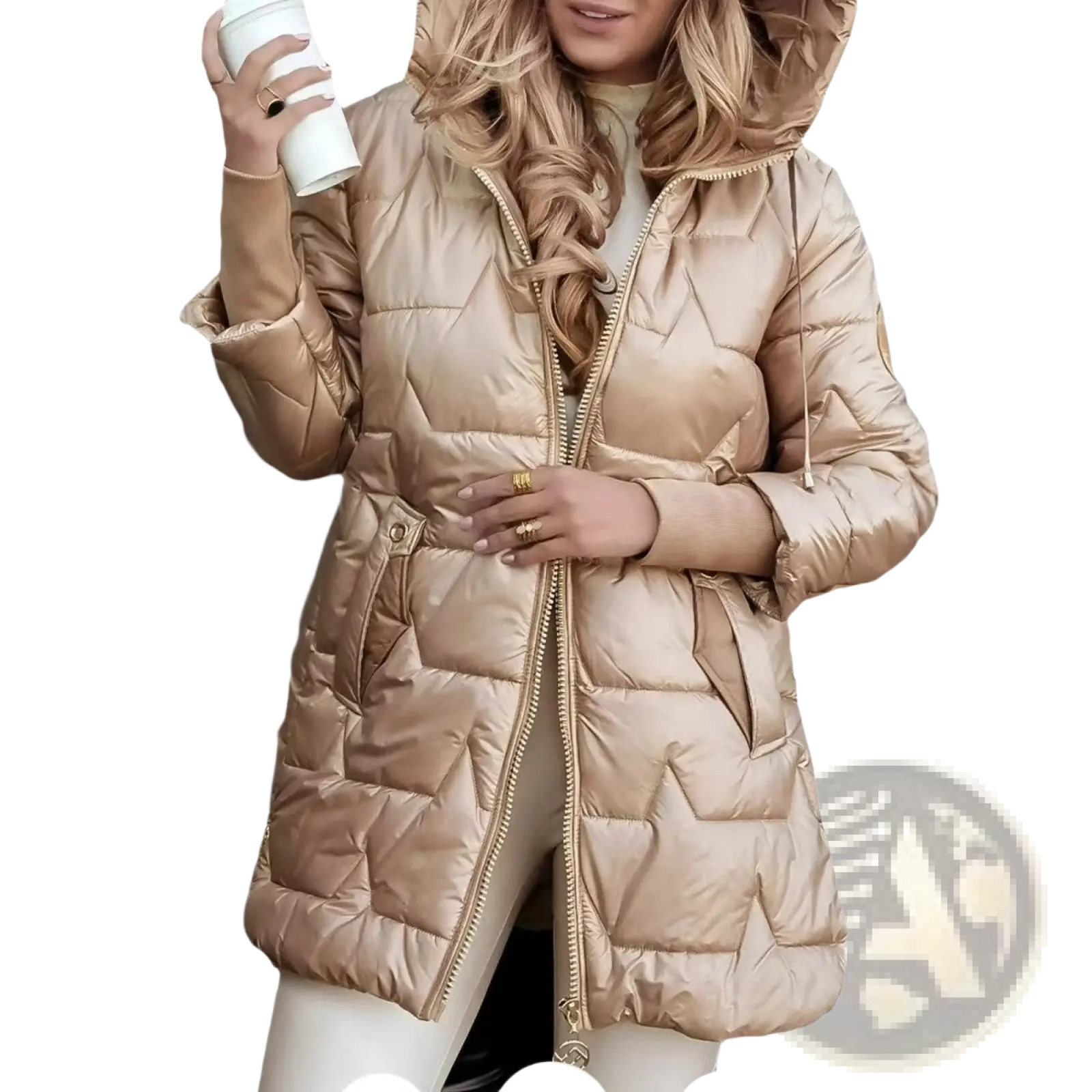 A shiny metallic gold quilted hooded down puffer jacket with a front zipper made of glossy material