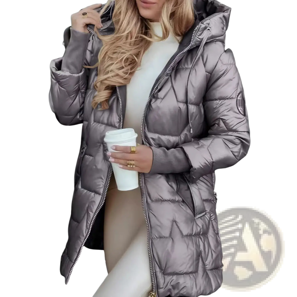 Glossy hooded down puffer jacket in sleek metallic gray quilted design with zipper closure for warmth and style