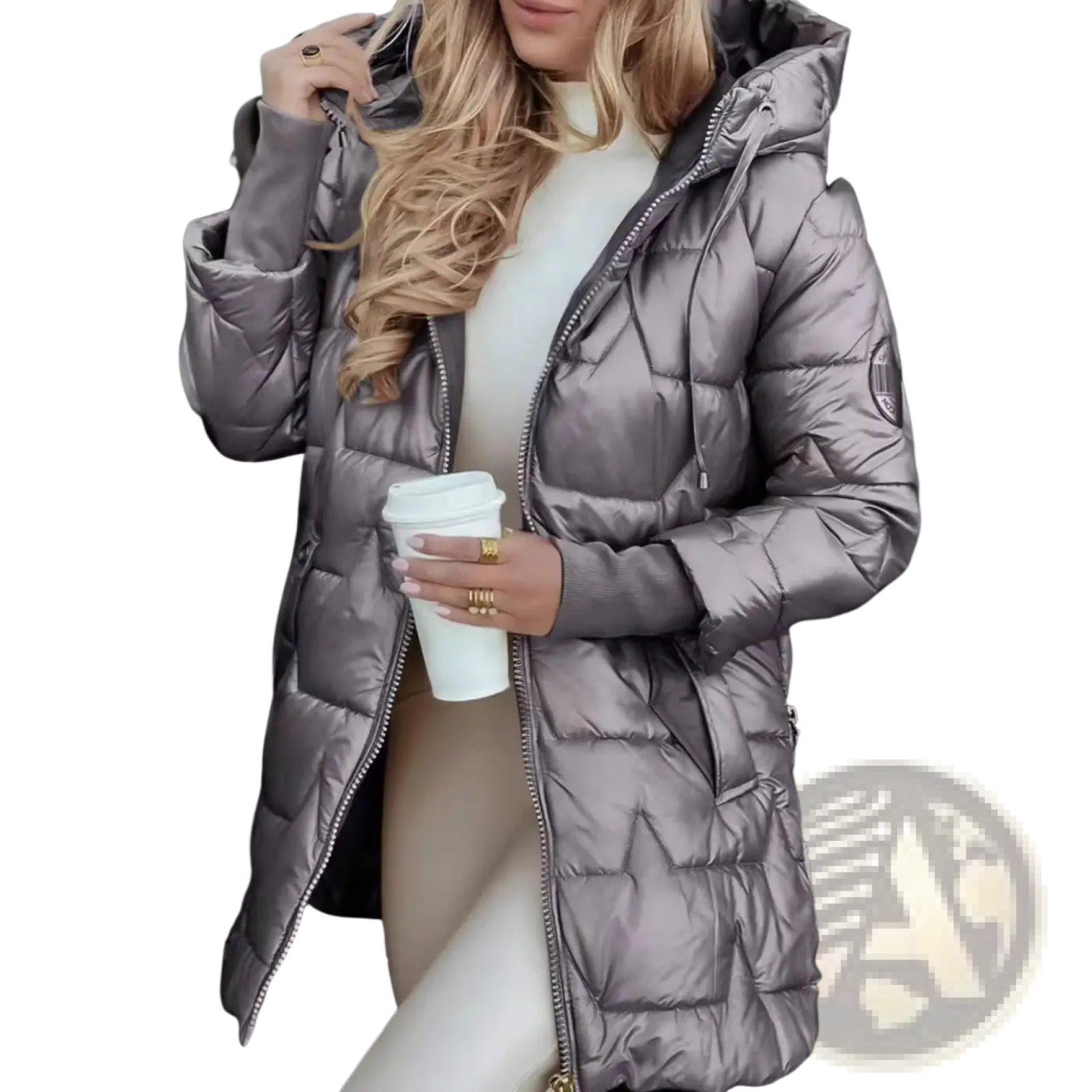 Glossy hooded down puffer jacket in sleek metallic gray quilted design with zipper closure for warmth and style