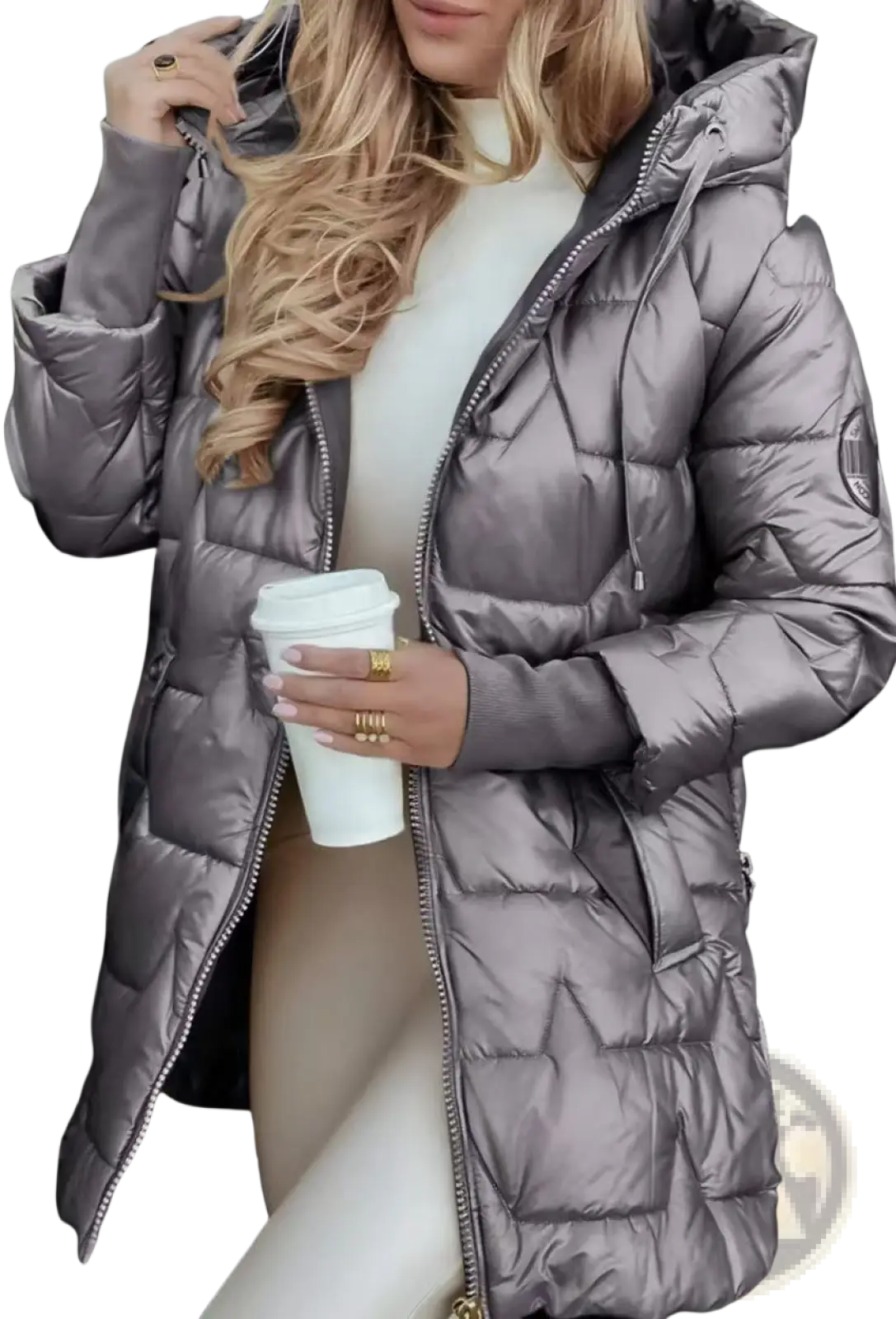 A sleek metallic gray glossy hooded down puffer jacket with quilted design and front zipper closure