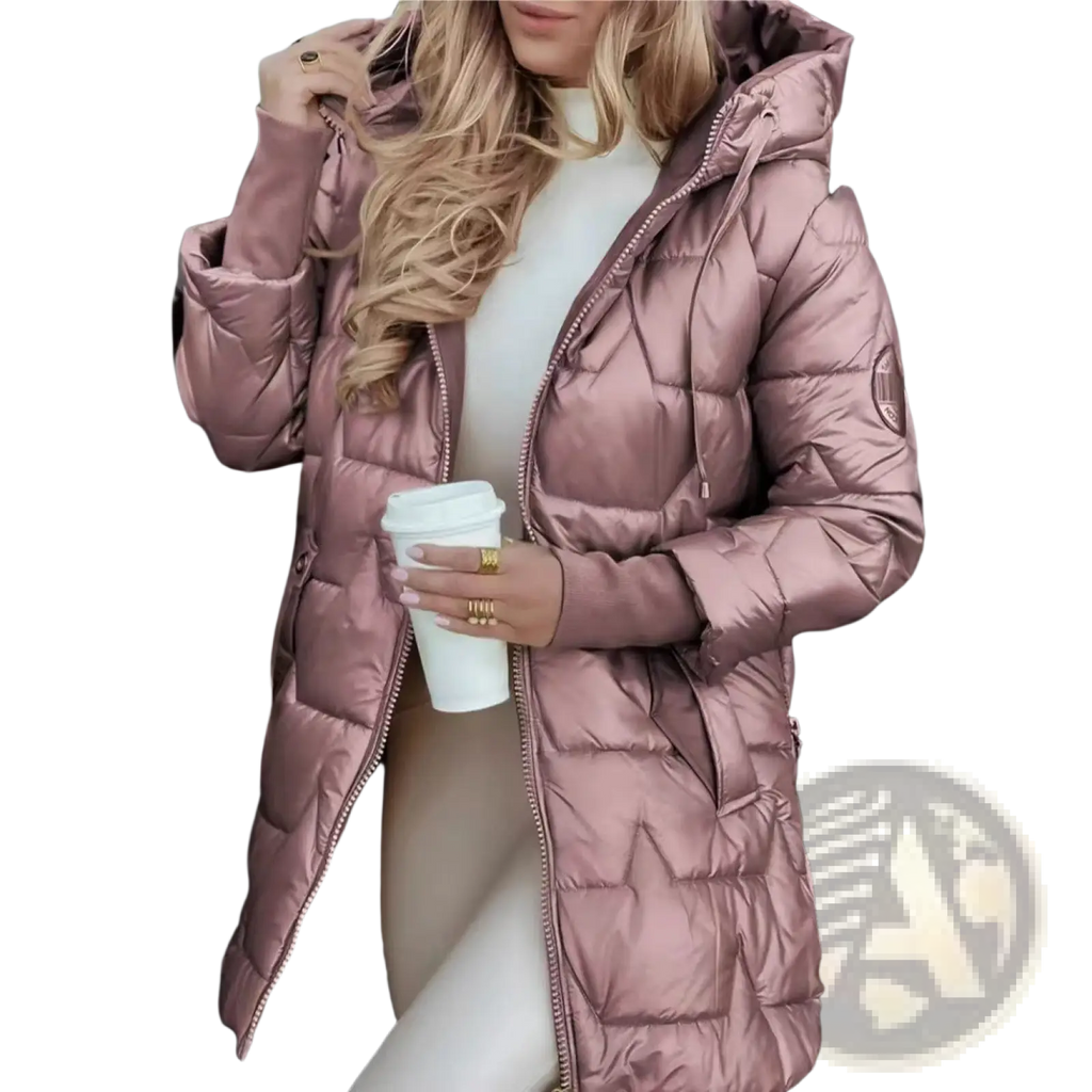 A glossy hooded down puffer jacket in sleek rose gold with quilted design and warm insulated material
