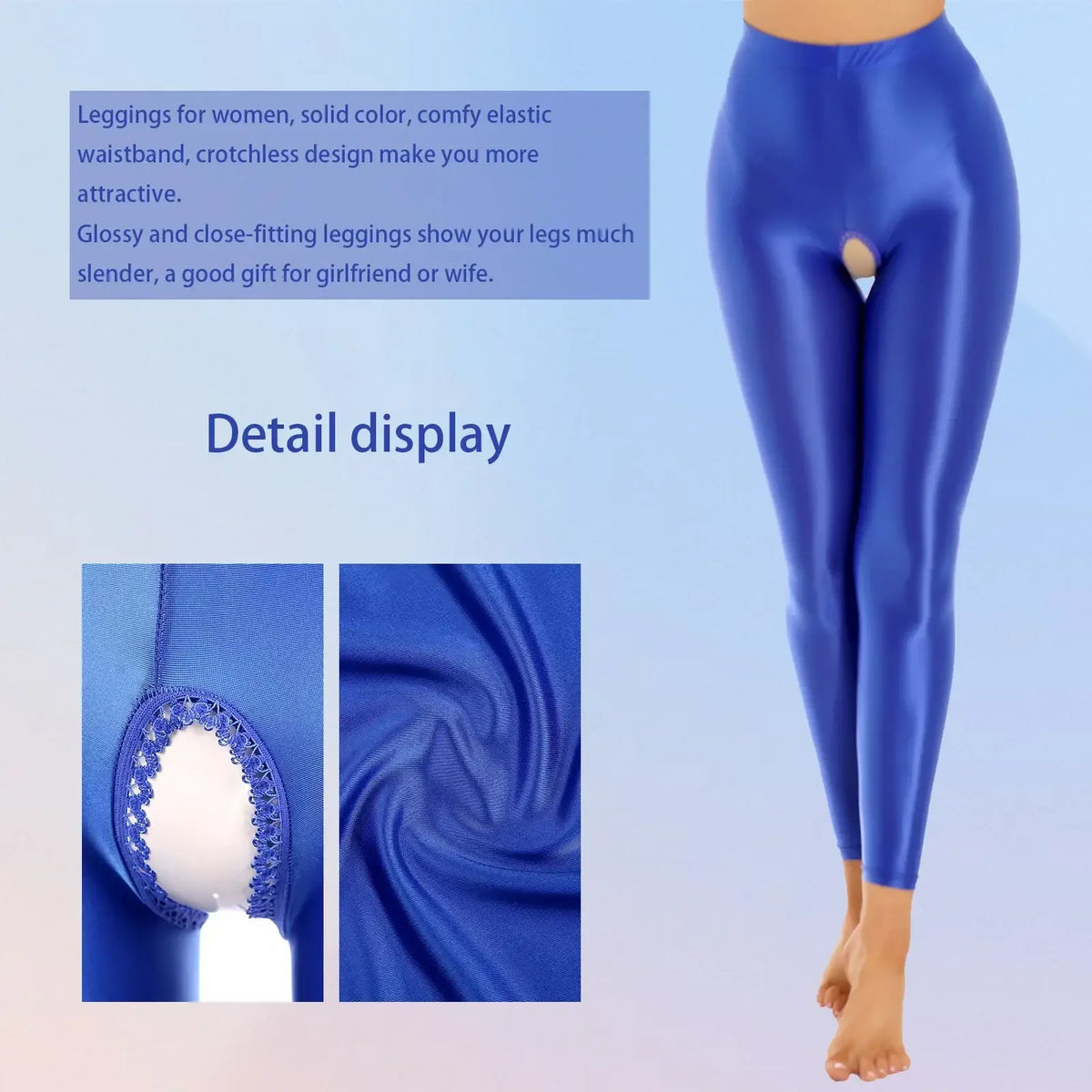 Glossy open crotch high waist blue leggings for women with crocheted lace detail at the crotch in a glossy finish