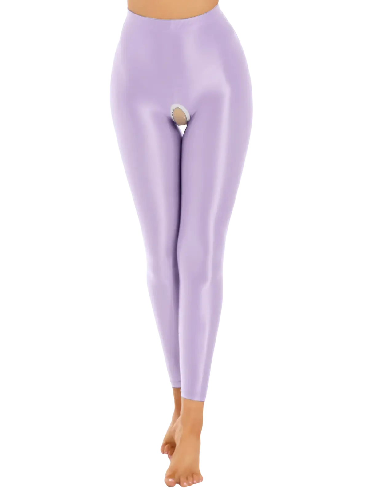 Glossy open crotch high waist lavender shiny leggings featuring a built-in circular front opening