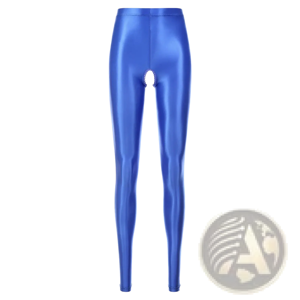 Shiny royal blue metallic high waist leggings with an oval open crotch cutout in a glossy finish