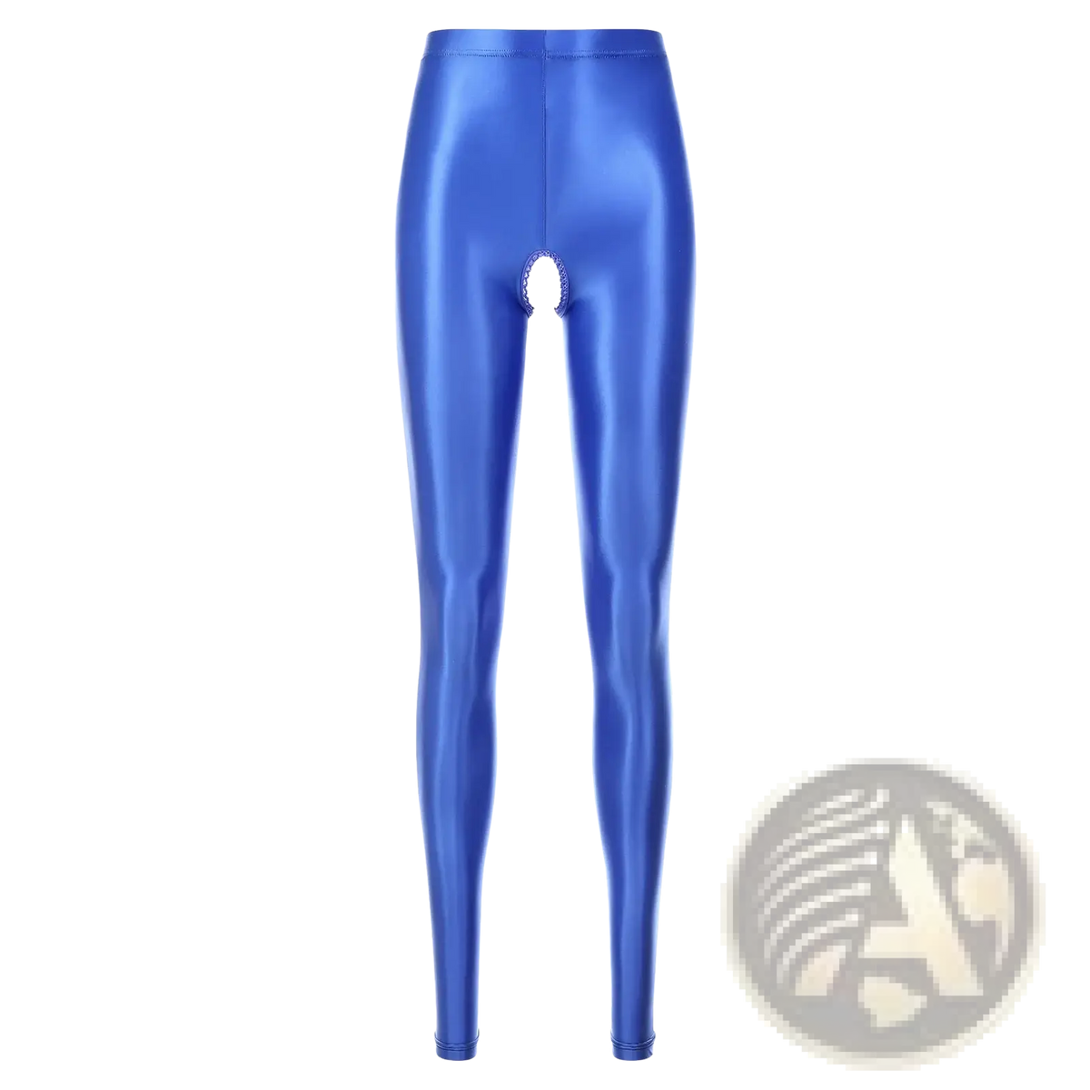 Shiny royal blue metallic high waist leggings with an oval open crotch cutout in a glossy finish