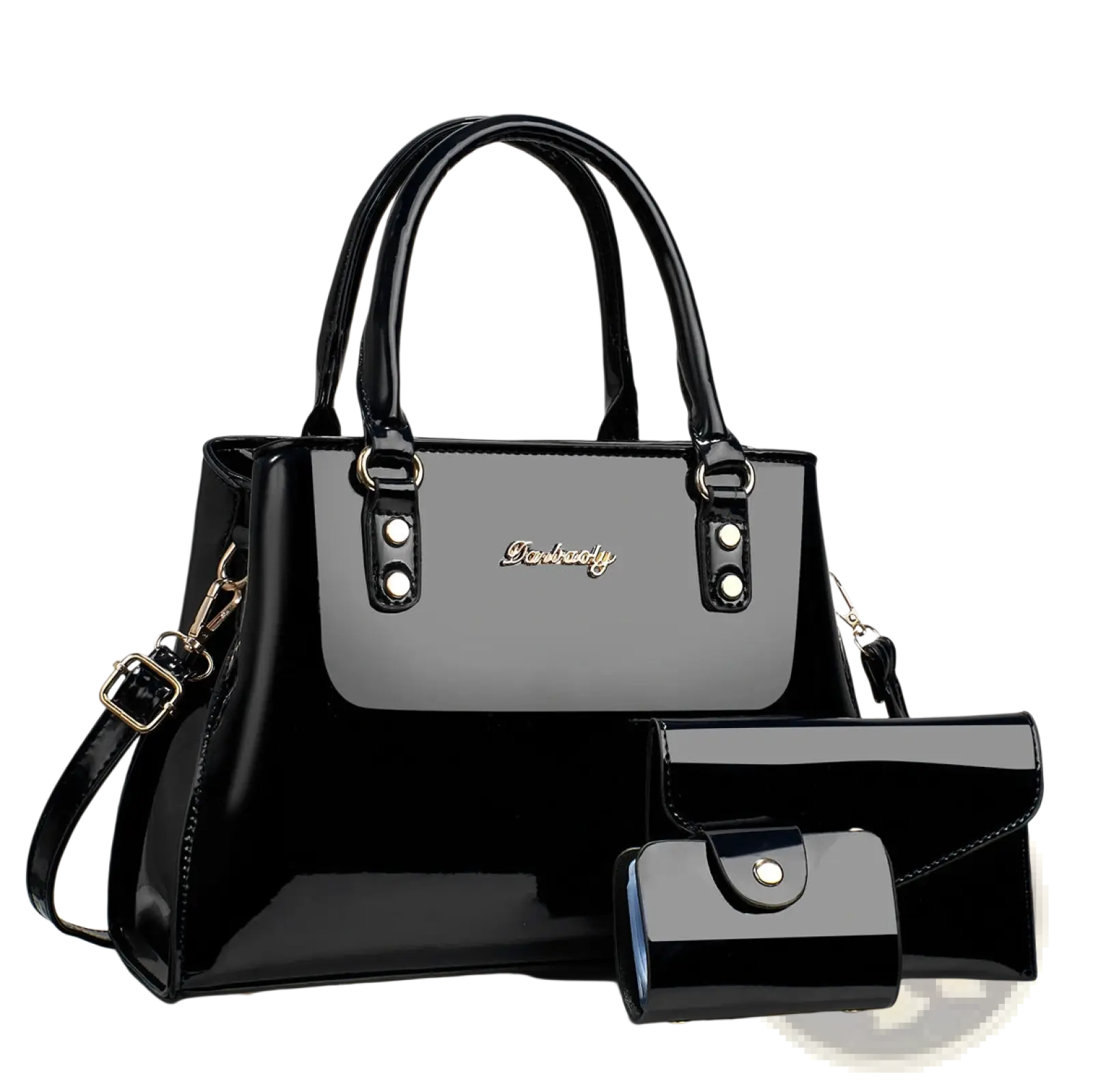 Glossy patent leather black handbag with gold-tone hardware and two matching smaller pouches in a 3-piece set