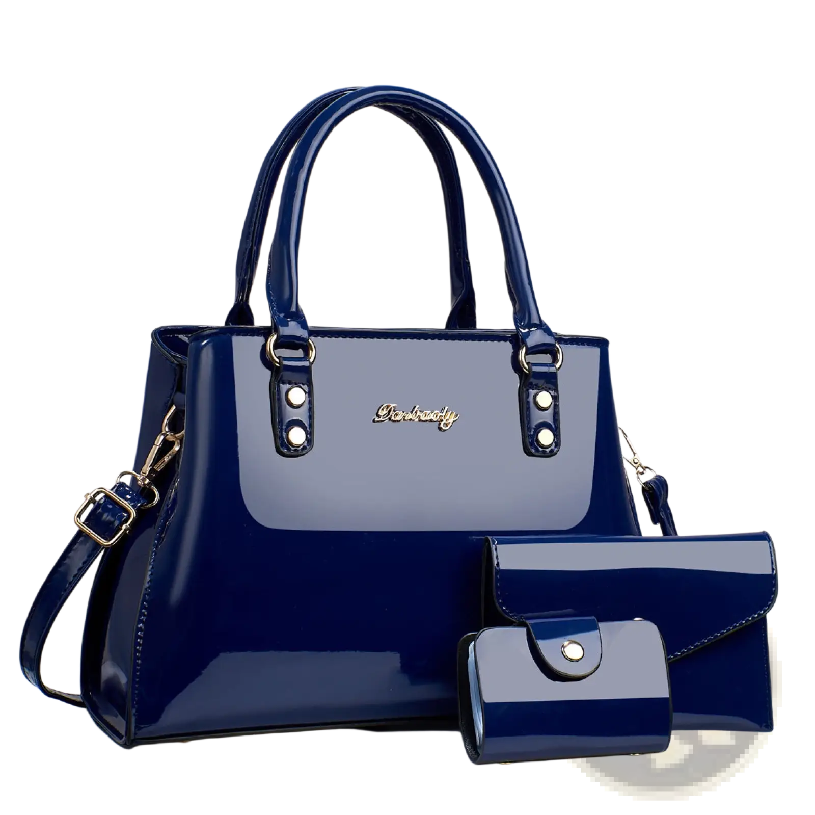 Glossy patent leather deep blue 3-piece handbag set with matching wallet and coin purse with gold hardware accents