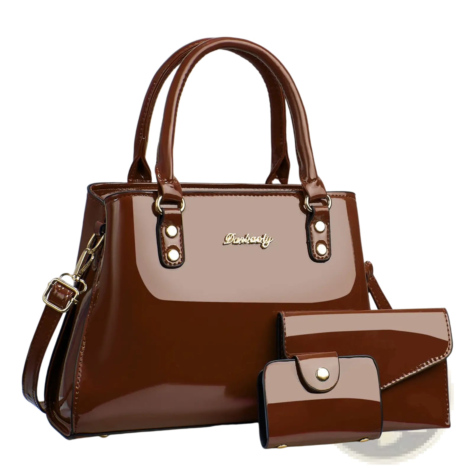 Glossy patent leather 3-piece handbag and wallet set in brown with gold-tone hardware and a sleek two-toned design