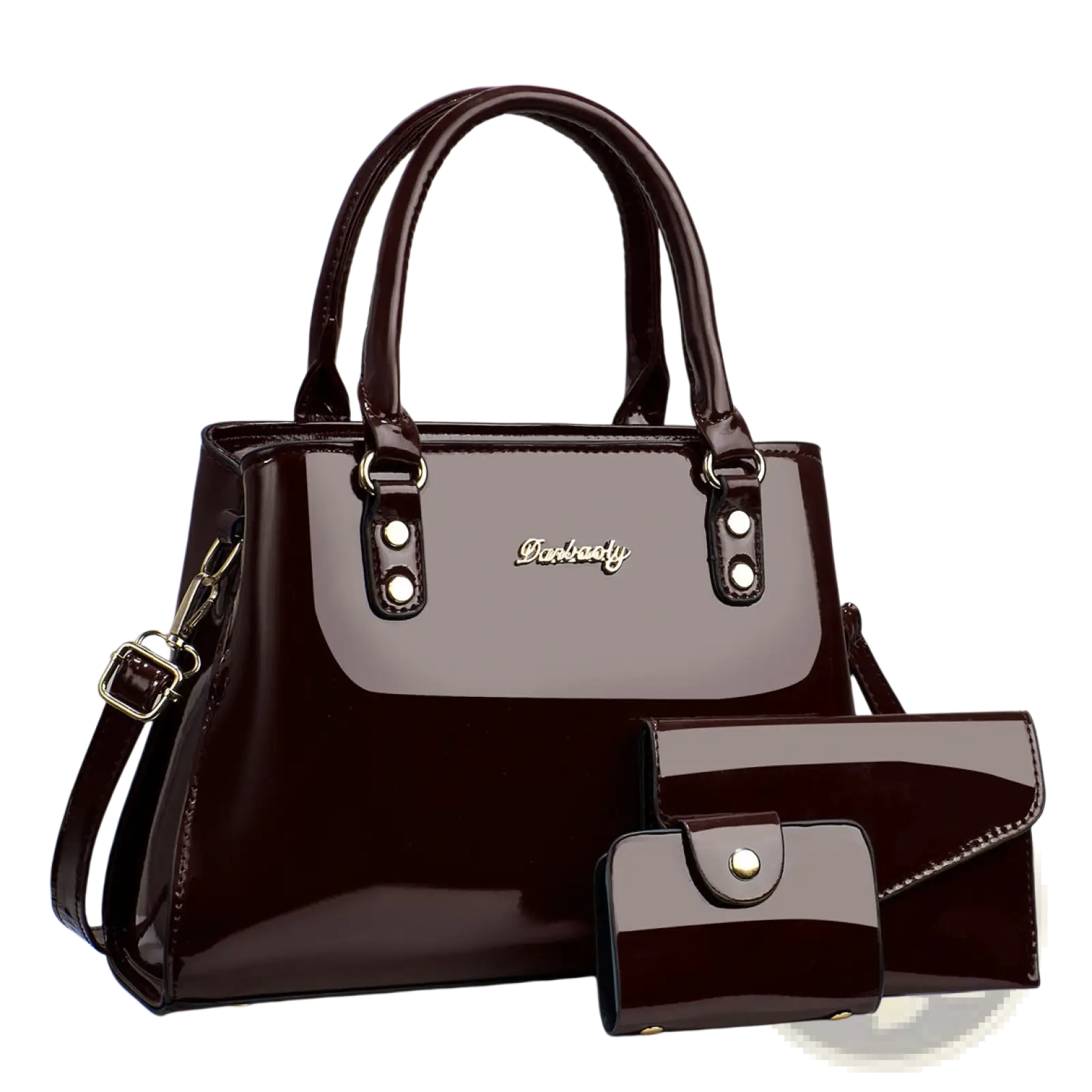 Glossy patent leather burgundy handbag set with gold-tone hardware including matching wallet and clutch