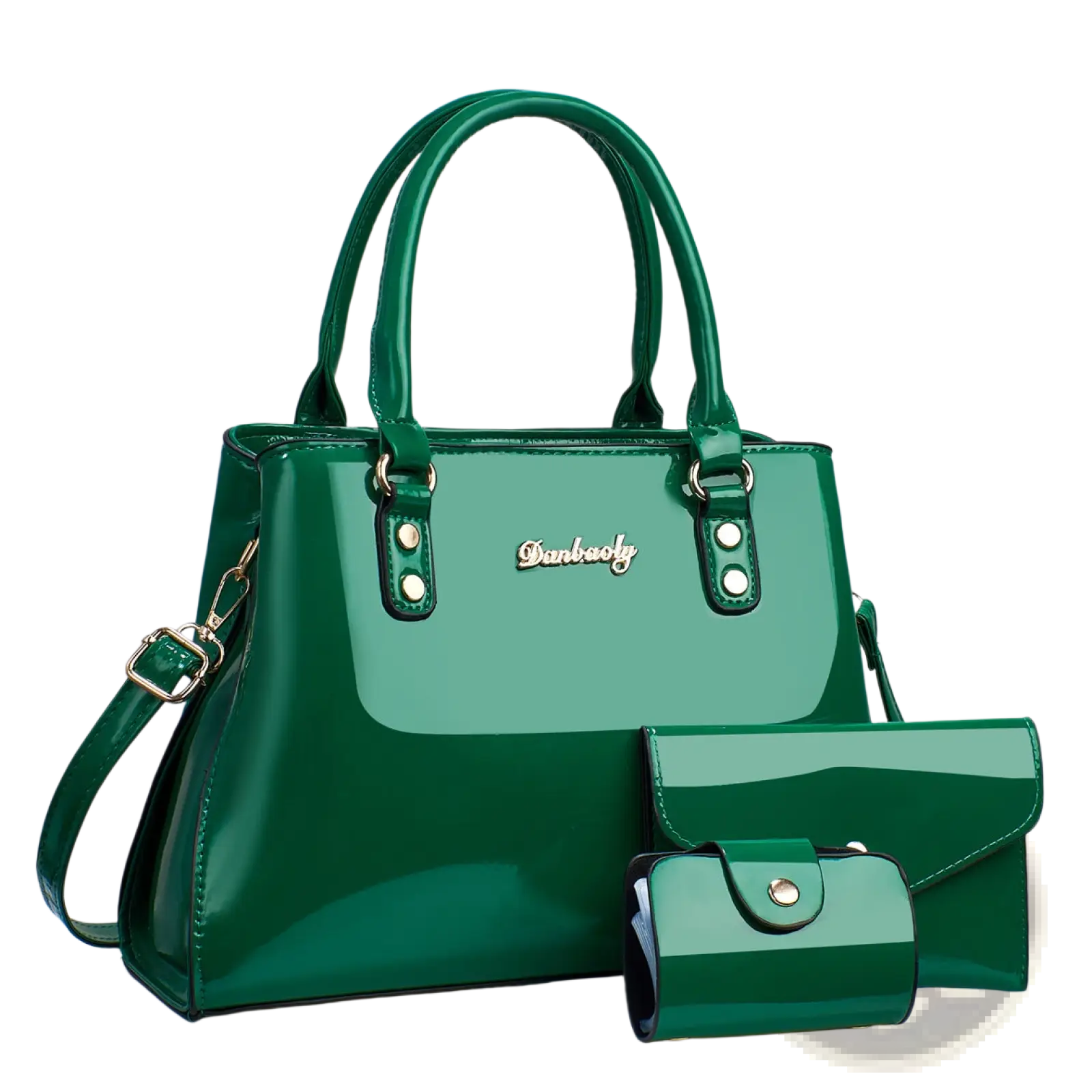 Glossy patent leather 3-piece handbag and wallet set in shiny emerald green with gold-tone hardware and matching clutch