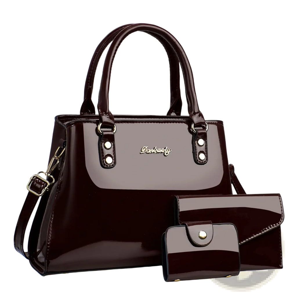 Glossy patent leather 3-piece handbag and wallet set in burgundy with gold-tone hardware including wallet and clutch