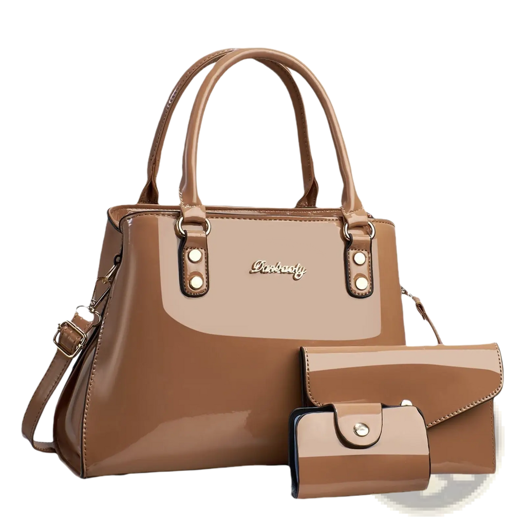 Glossy patent leather 3-piece handbag set with brown two-tone design featuring tan accents including clutch and wallet