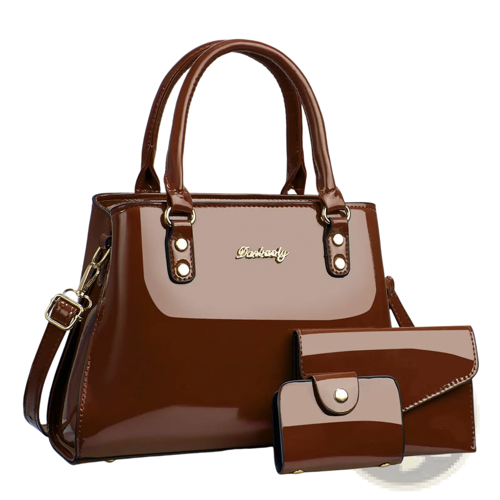 Glossy patent leather 3-piece handbag and wallet set in brown with gold-tone hardware and sleek two-toned design