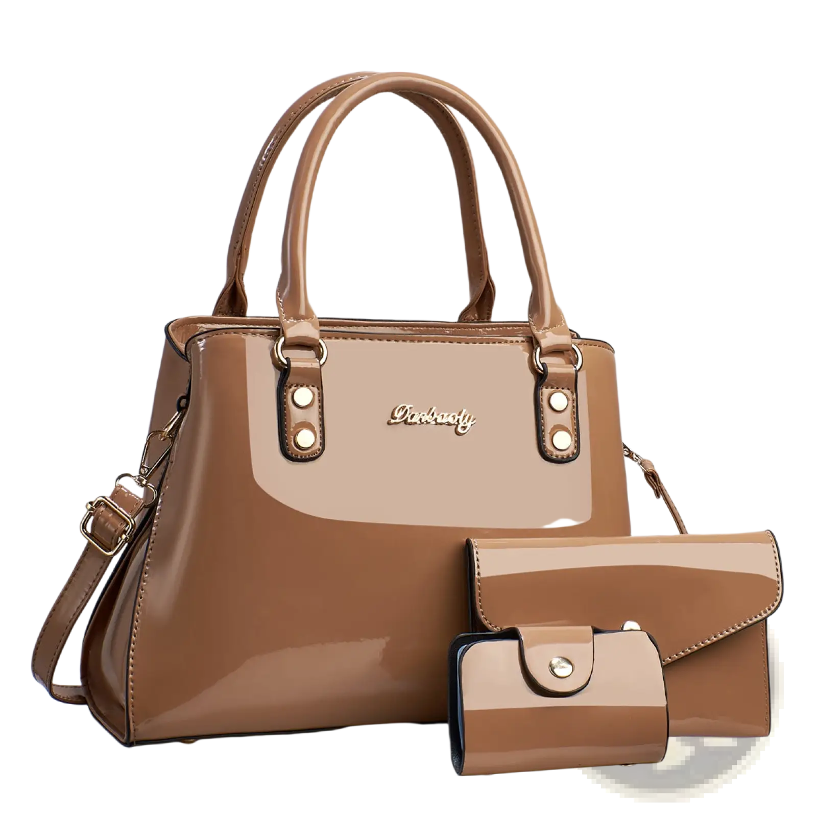 Glossy patent leather 3-piece handbag and wallet set in tan with gold-tone hardware accents including clutch and wallet