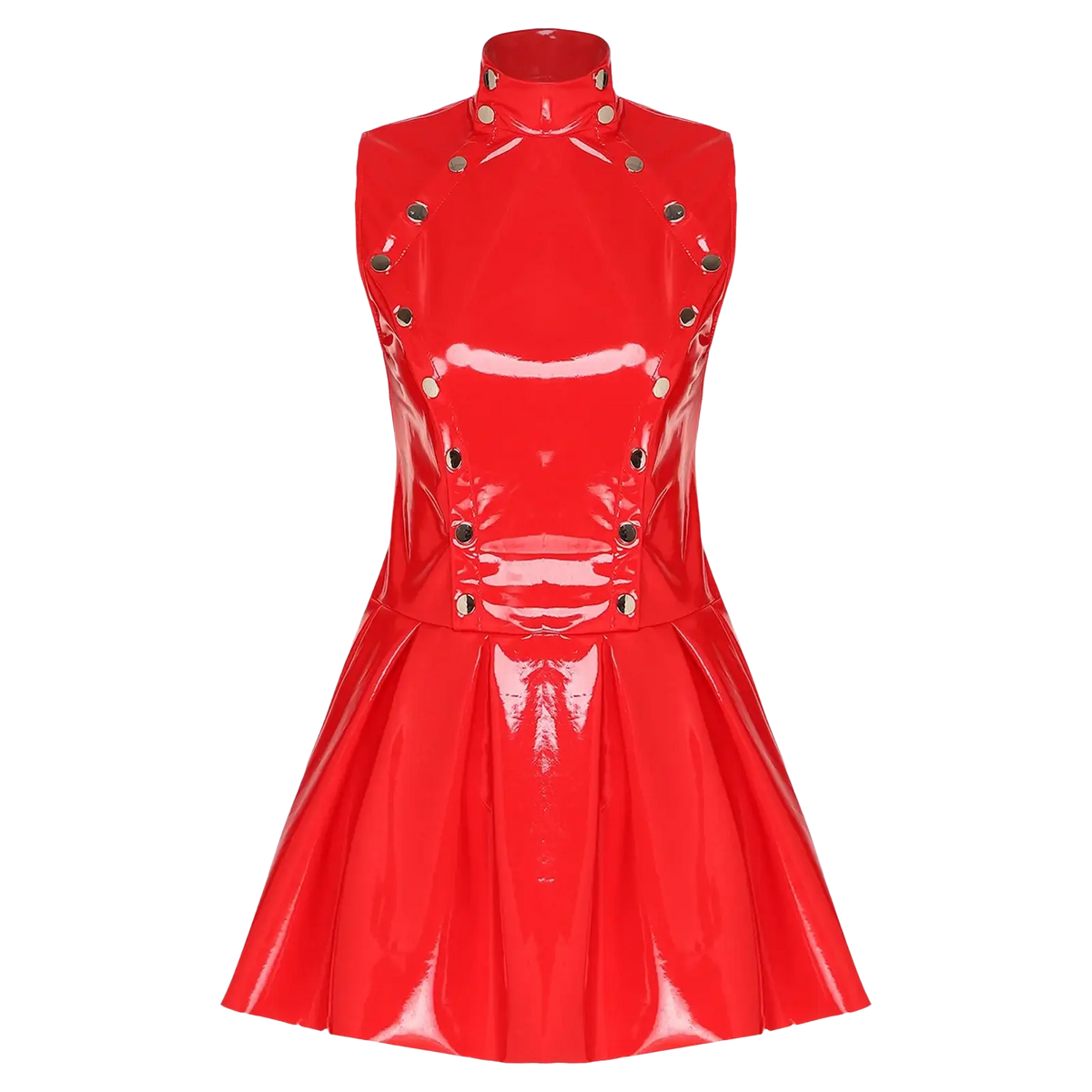 Glossy pu leather pleated mini dress in red pvc with high collar and silver toned button accents