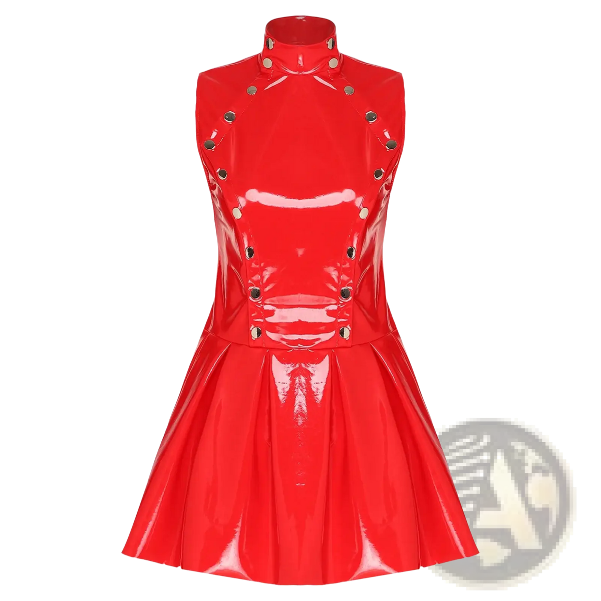 Glossy pu leather pleated mini dress in red pvc with high collar and silver toned button accents