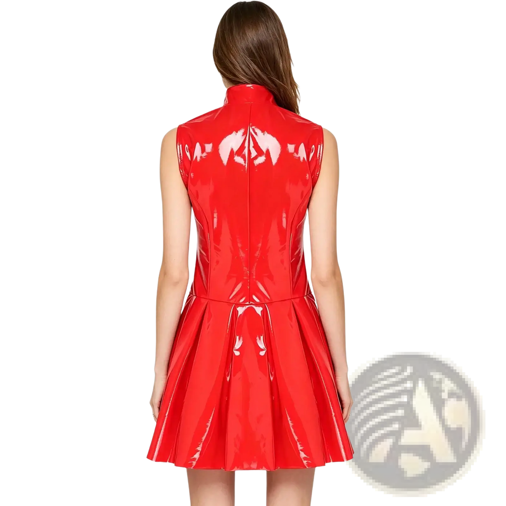 A glossy red sleeveless pu leather mini dress with high collar and pleated skirt for stylish occasions