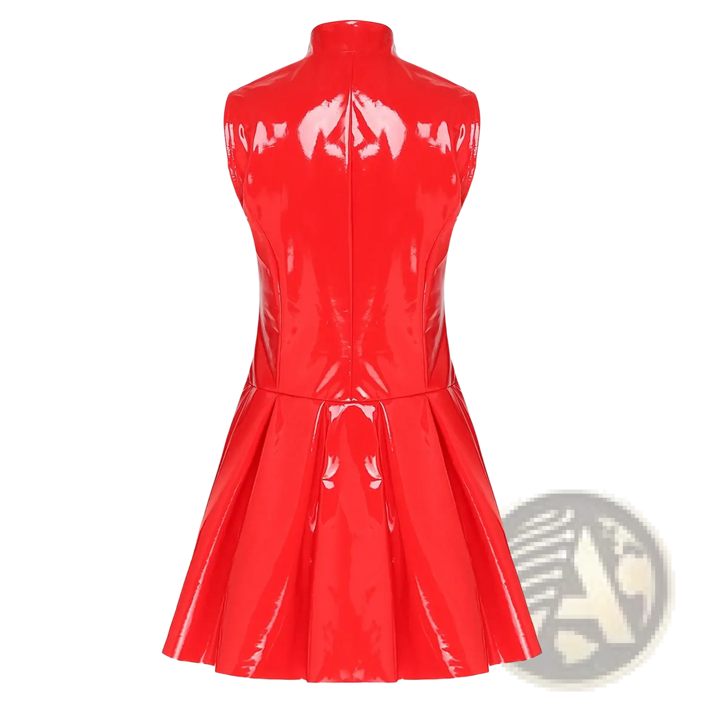 Glossy red pu leather mini dress with high collar and pleated skirt for stylish evening wear