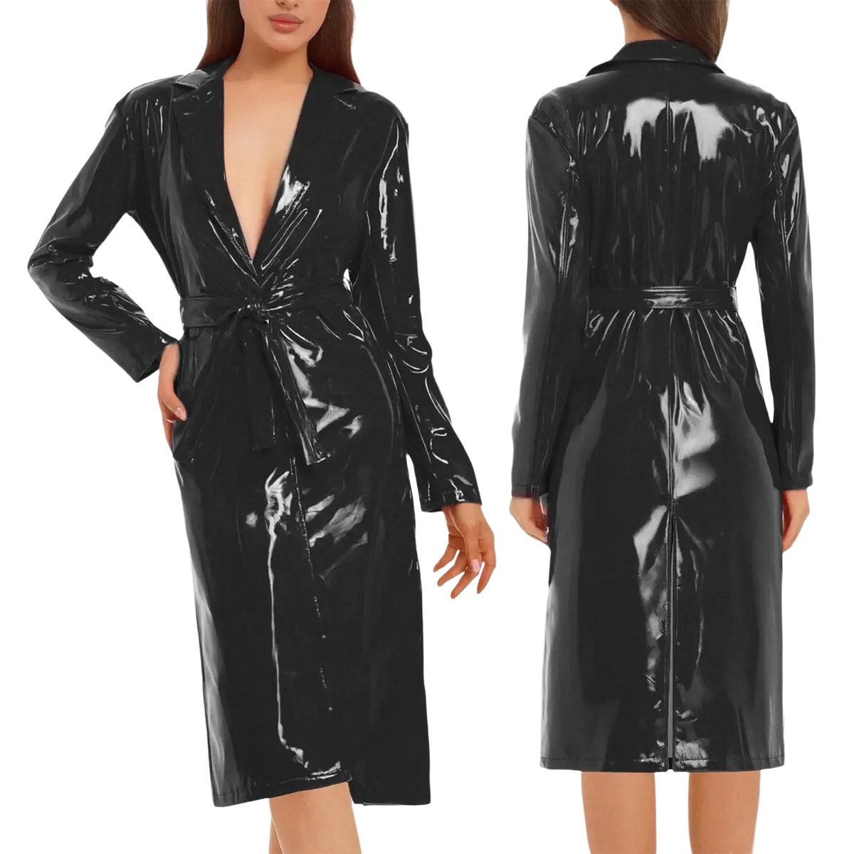 Black patent leather wrap dress with deep v-neckline and belted waist for glossy pu leather trench coat women outerwear
