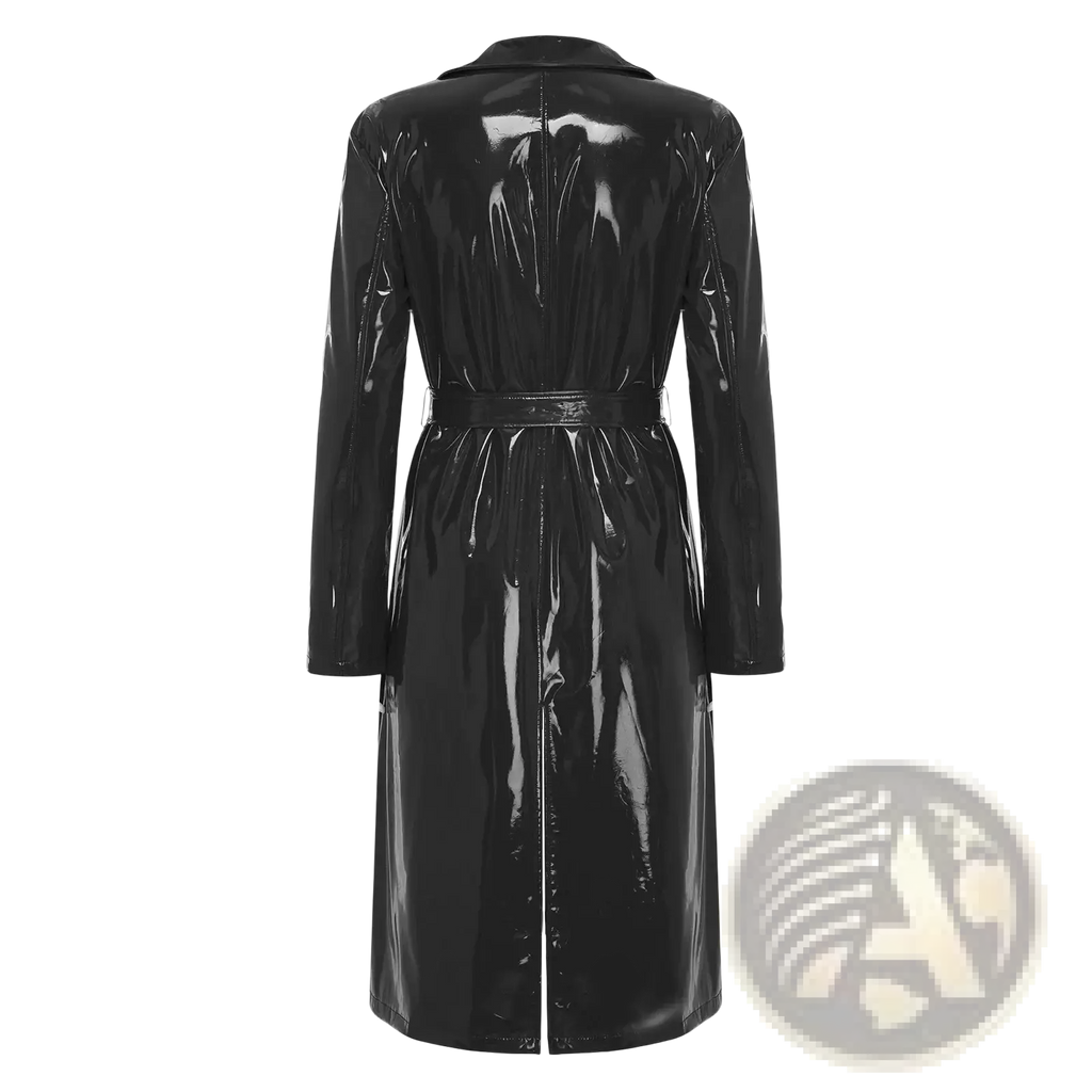 Black patent leather trench coat with belted waist and long sleeves glossy pu leather outerwear for women