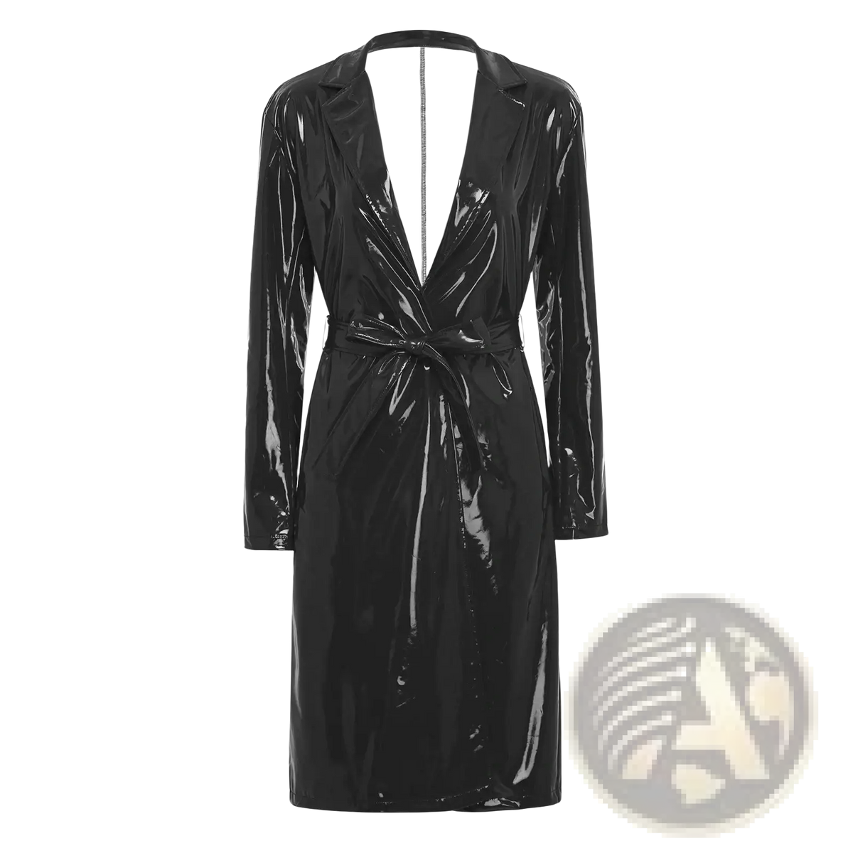 Black patent leather trench coat with belted waist and deep v-neckline glossy pu leather outerwear for women