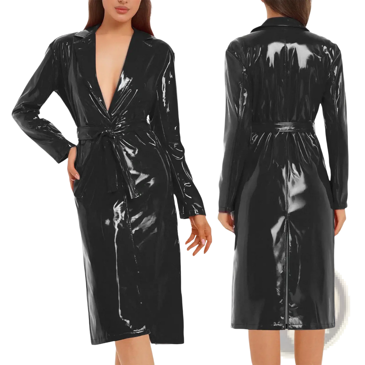 Black patent leather wrap dress with deep v-neckline and belted waist for glossy pu leather trench coat women outerwear