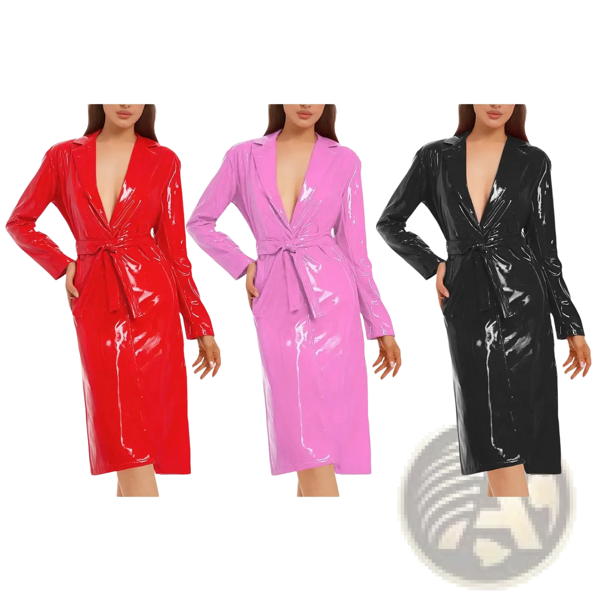Glossy pu leather trench coat for women in red pink or black with belted waist and deep v-neckline wrap dress style