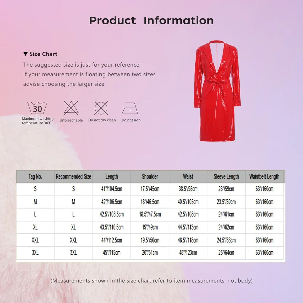 Glossy red pu leather women’s belted blazer dress with long sleeves v-neck and tied waist for stylish outerwear
