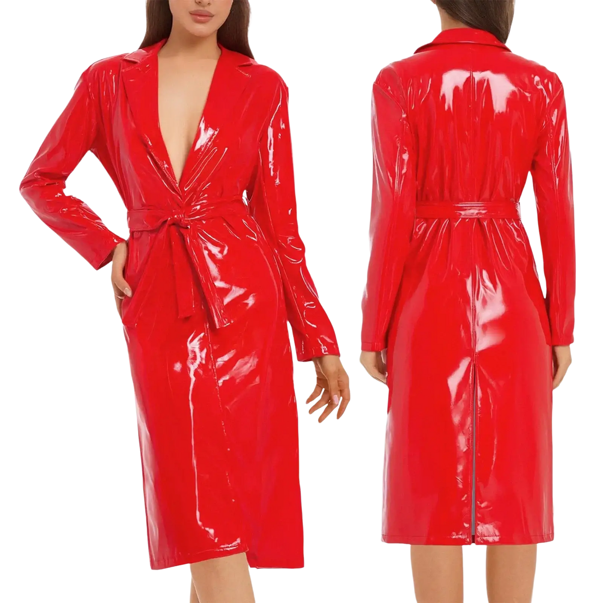 Glossy pu leather trench coat women with belted waist long sleeves and a shiny red patent finish outerwear