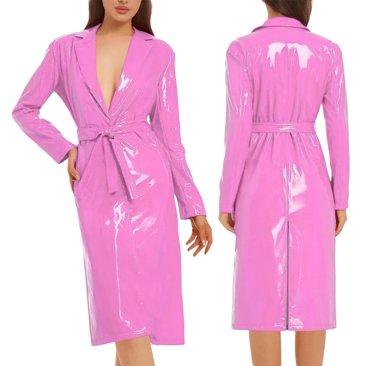 A shiny pink patent leather trench coat for women with a belted waist and long sleeves glossy pu leather outerwear