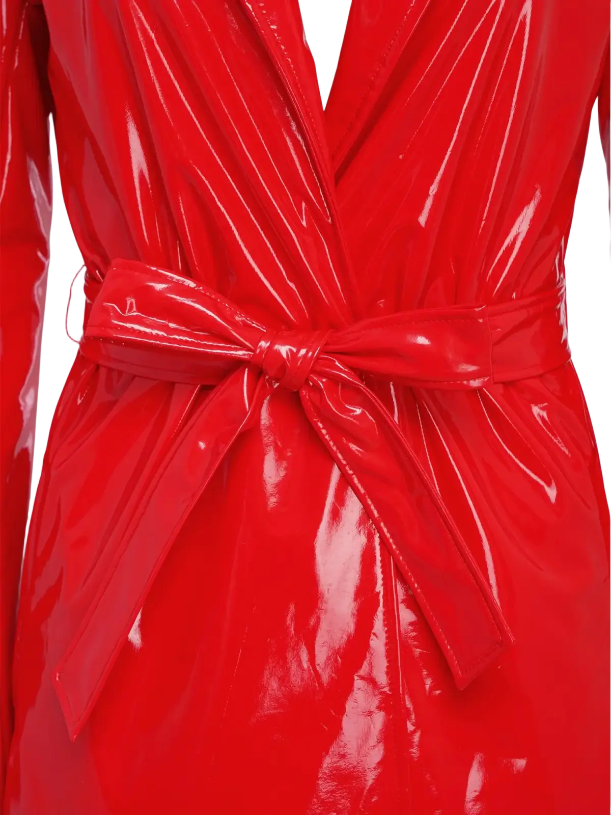 A vibrant red glossy pu leather trench coat for women with a matching self-tie belt belted outerwear