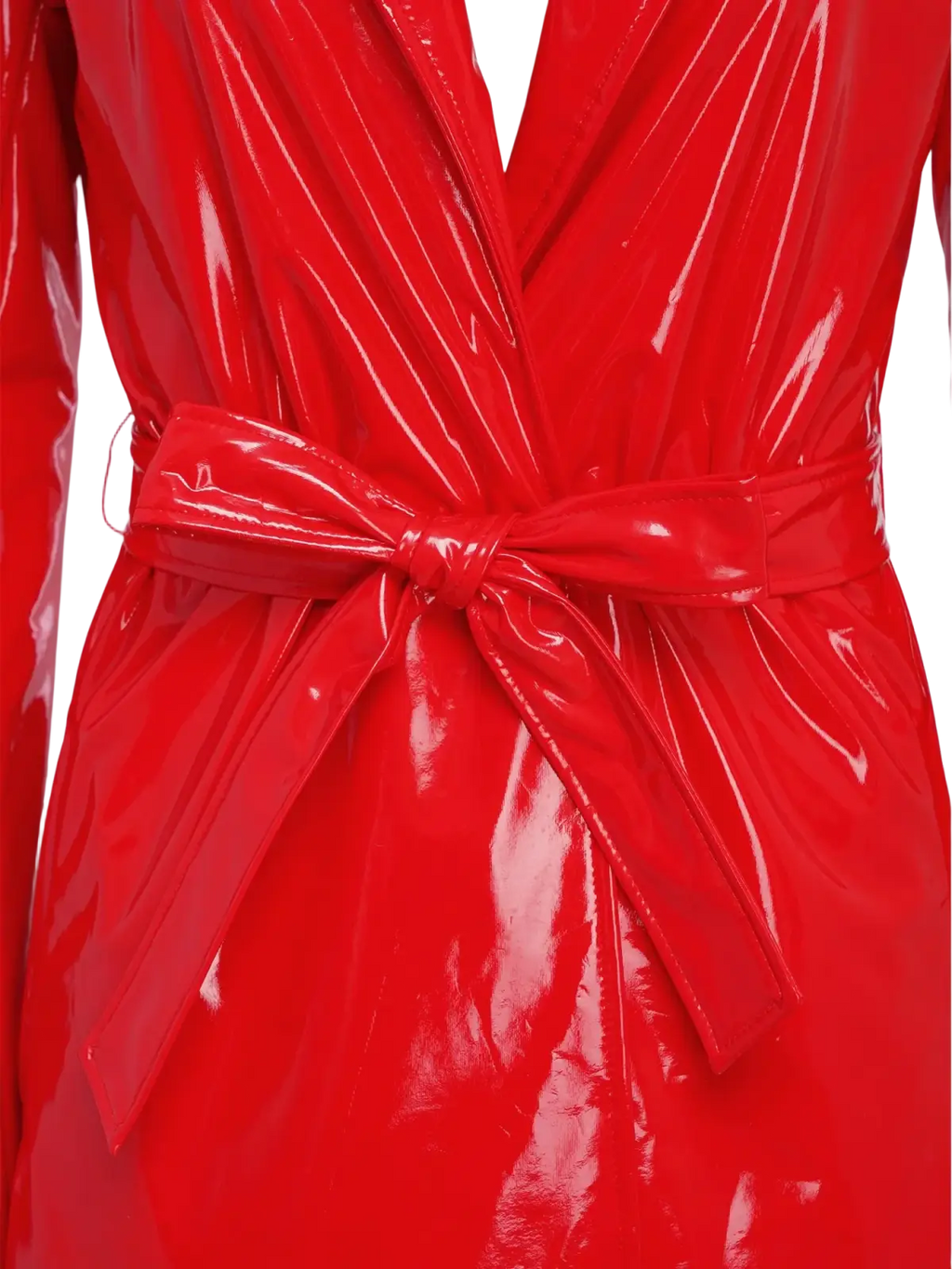 A vibrant red glossy pu leather trench coat for women with a matching self-tie belt belted outerwear