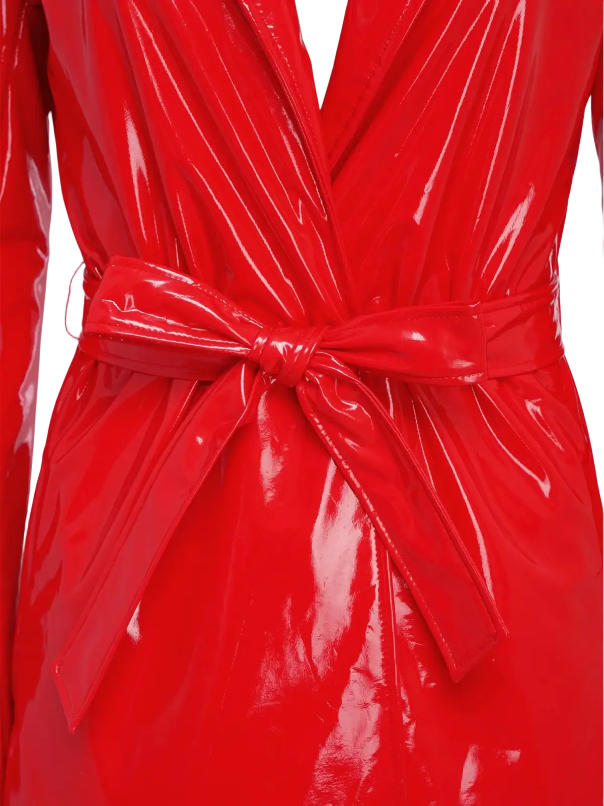 A vibrant red glossy pu leather trench coat for women with a matching self-tie belt belted outerwear