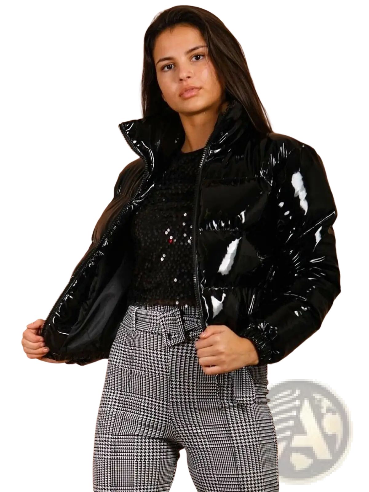 Black glossy short puffer jacket with high collar and quilted cotton padding for women warmth and comfort