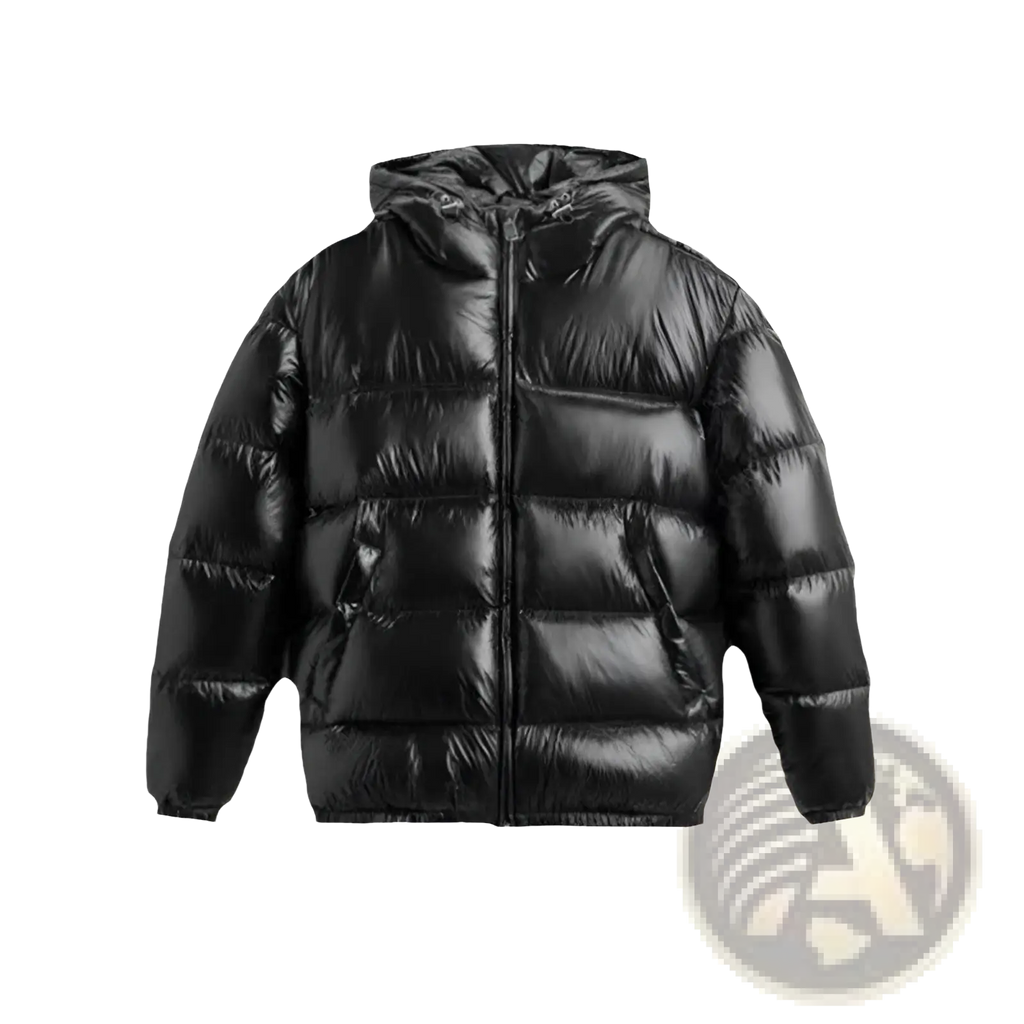 Black glossy quilted hooded puffer jacket with a shiny finish and insulated design for cold weatherwear