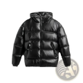 Black glossy quilted hooded puffer jacket with a shiny finish and insulated design for cold weatherwear