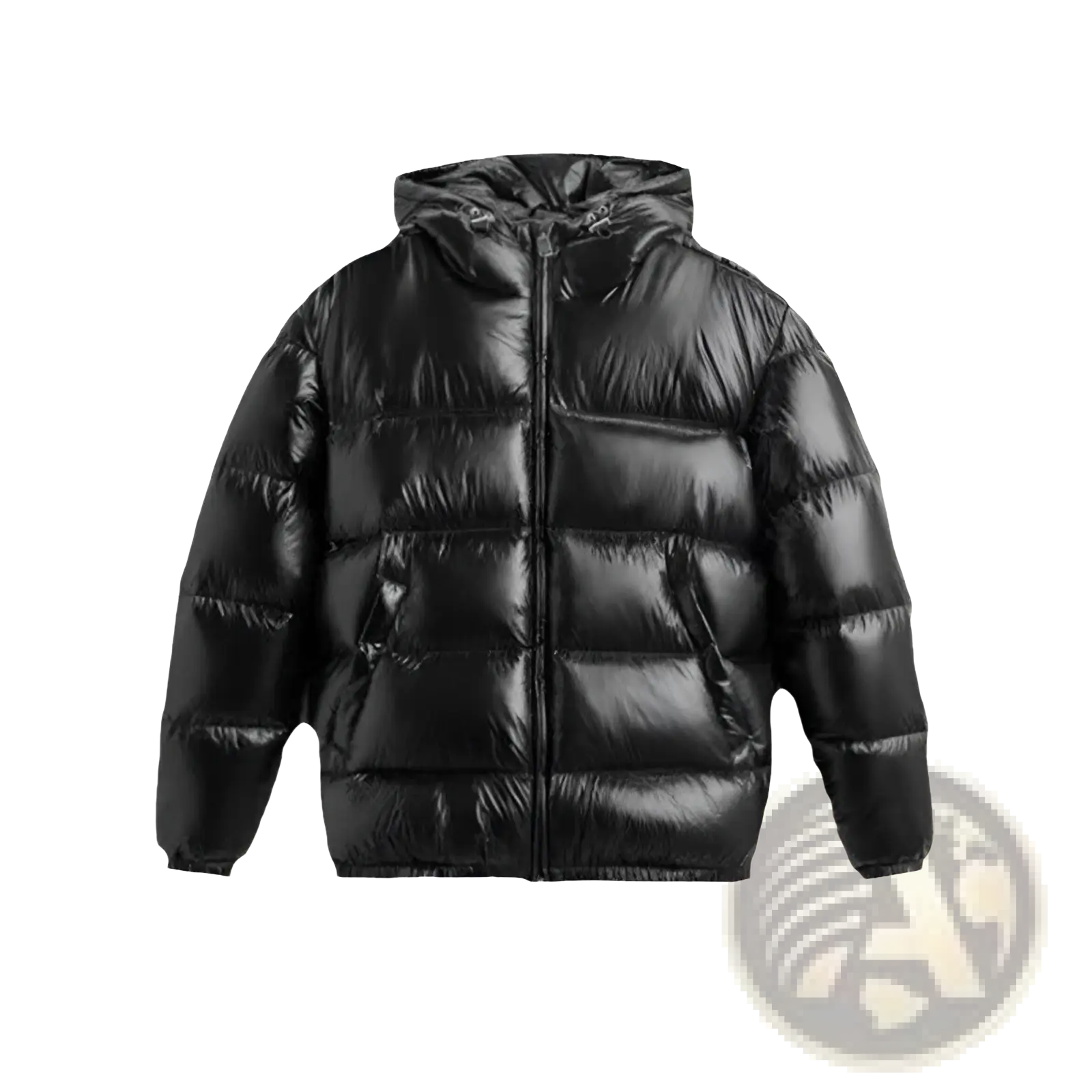 Black glossy quilted hooded puffer jacket with a shiny finish and insulated design for cold weatherwear