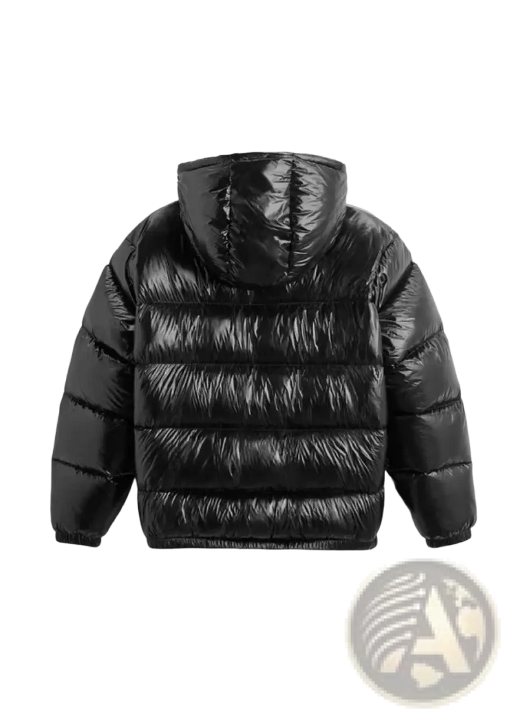 Black glossy quilted hooded puffer jacket made of shiny material for cold weather protection