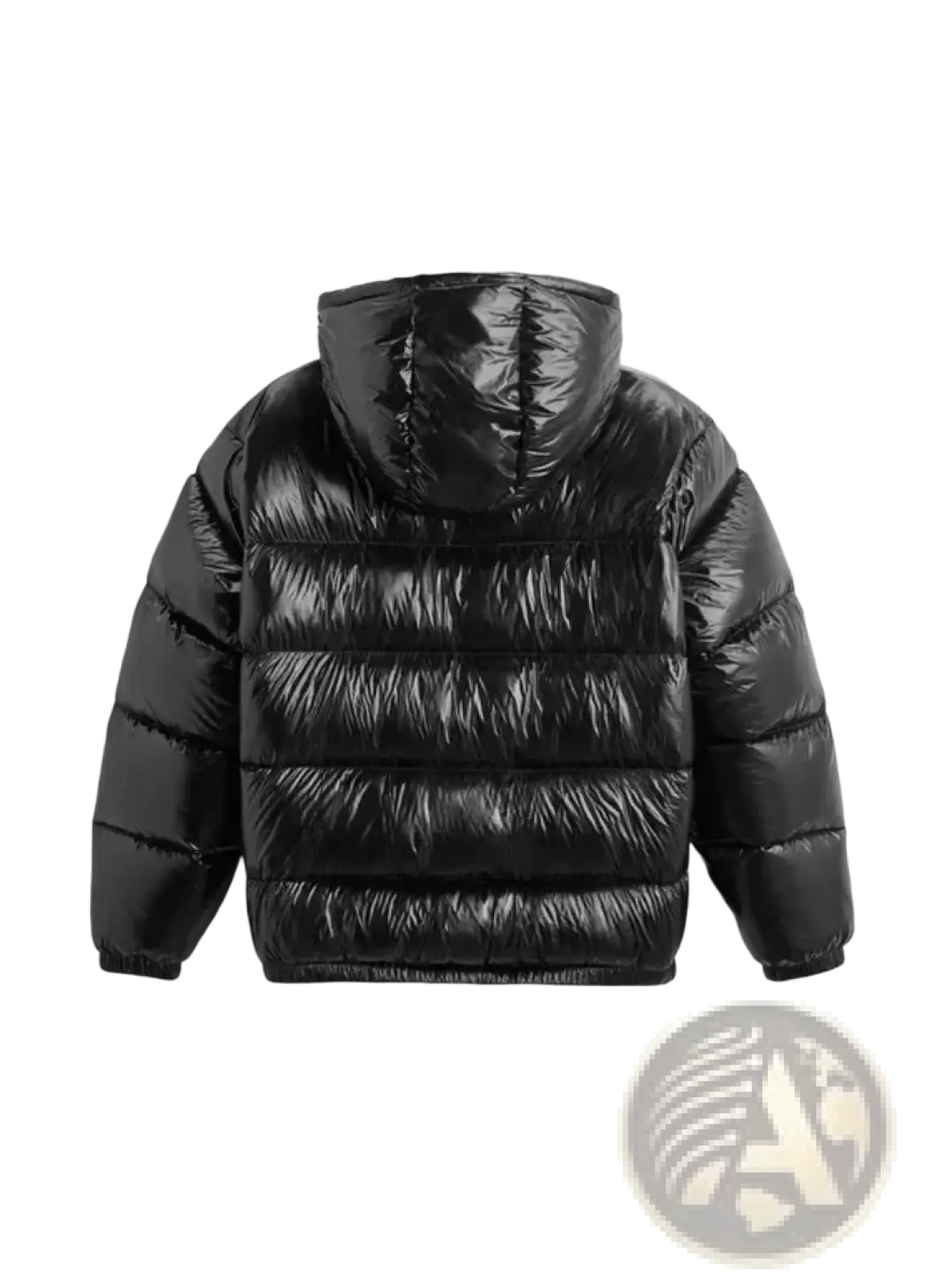 Black glossy quilted hooded puffer jacket made of shiny material for cold weather protection