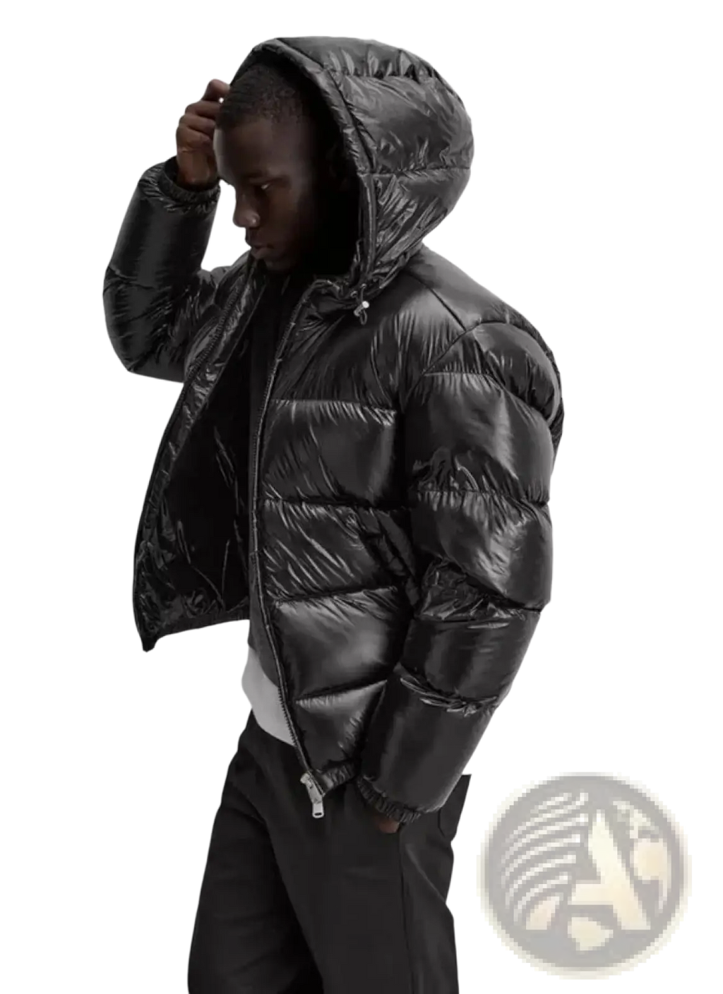 Black glossy quilted hooded puffer jacket with a shiny finish designed for warmth and style outdoors