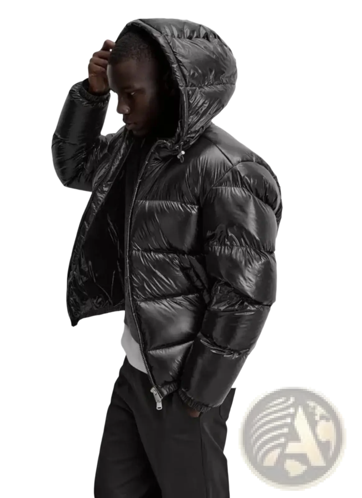 Black glossy quilted hooded puffer jacket with a shiny finish designed for warmth and style outdoors