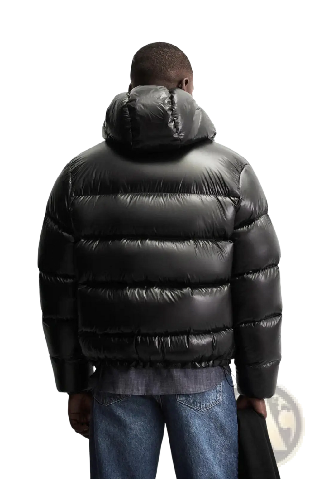 Glossy quilted hooded black puffer jacket with shiny exterior made for warmth and style in cold weather